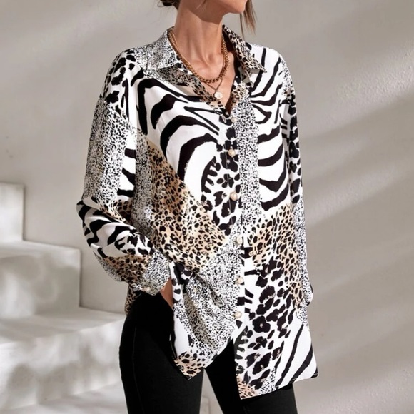 Boho zebra and leopard print button down blouse - Picture 5 of 5
